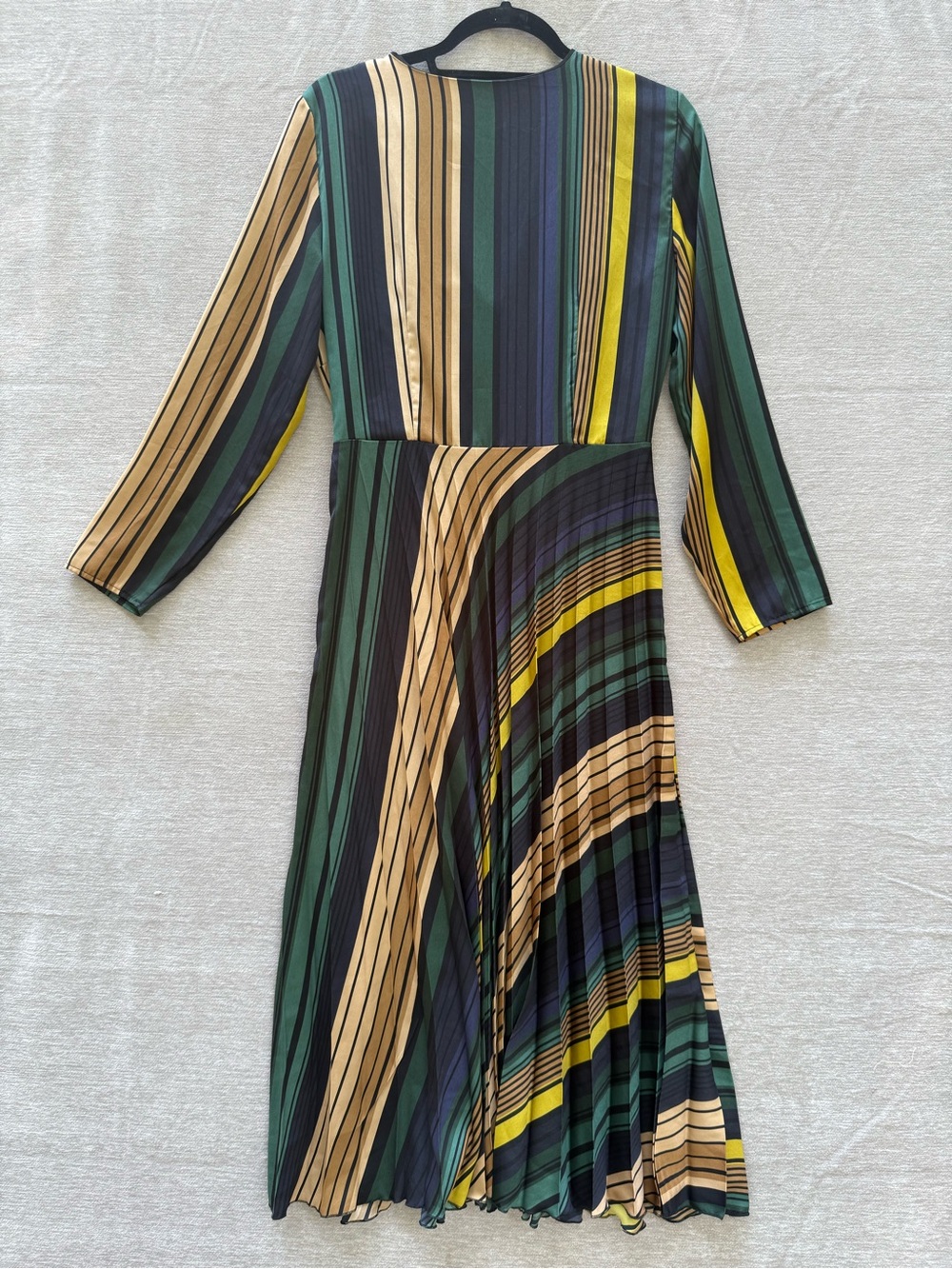 MNG Mango Suit Striped‎ Pleated Wrap Midi Dress Green Yellow Long Sleeve Size S - Picture 3 of 8